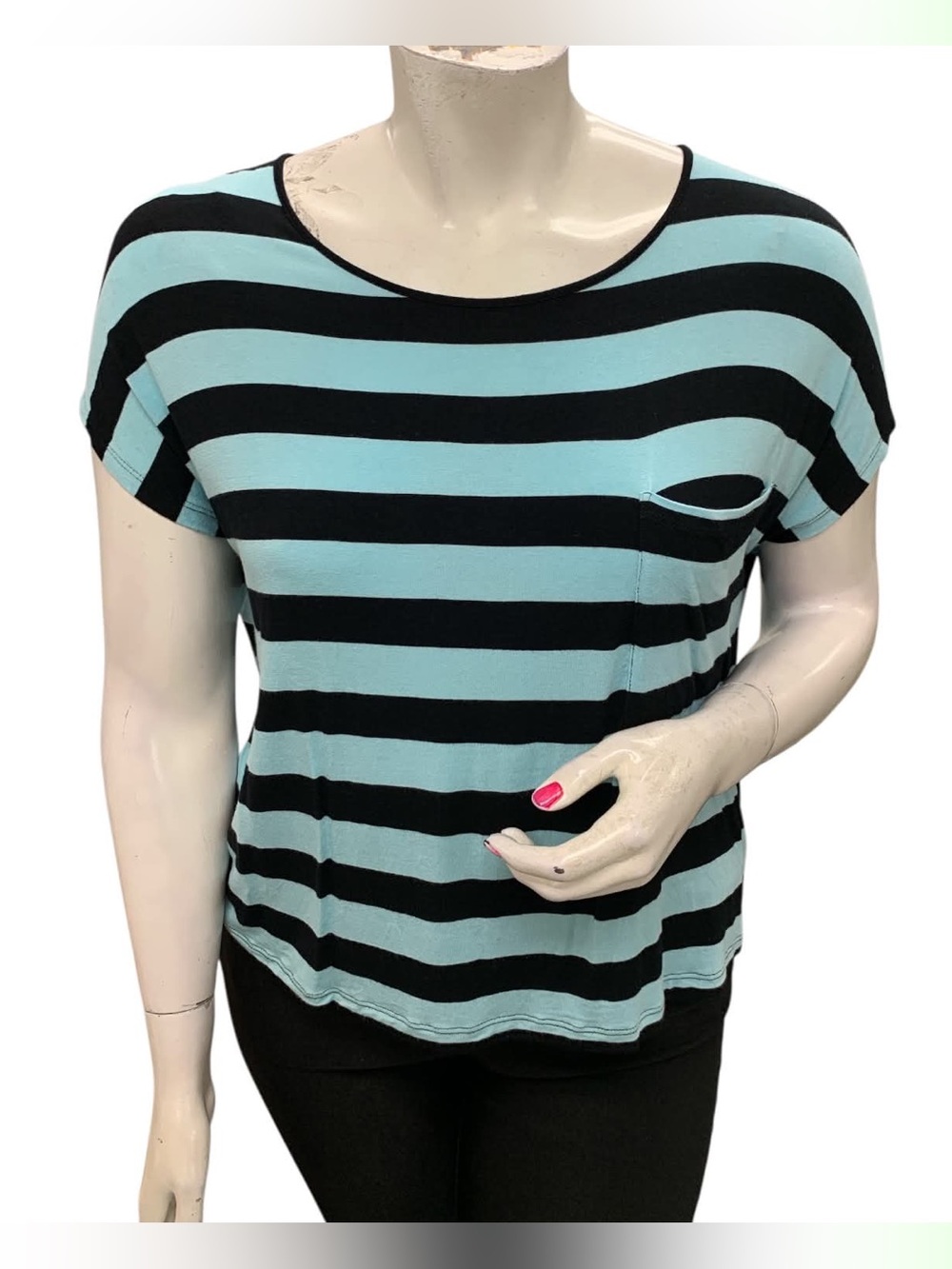 Kensie Aqua and Black Striped Short-Sleeve Pocket Tee Size L